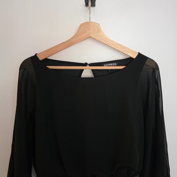 Express Black Sheer Sleeve Mini Dress Knee Size S Elastic Waist Keyhole Back - Picture 5 of 16